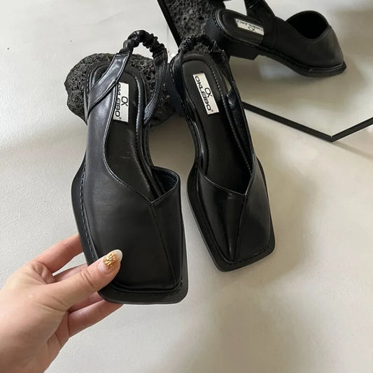 Square Toe Summer Elegant Ladies Sandals  Ladies Elastic Band Flat Heel Women Square Heel
