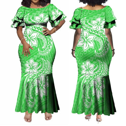 Polynesian Dress White Samoan Tribal Design Layered Ruffle Midi Mermaid Dresses Women Lady Elegant Frill dress
