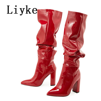 Autumn Winter Pleated Patent Leather Knee High Boots Slip On Motorcycle Shoes Women Square Heels