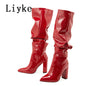 Autumn Winter Pleated Patent Leather Knee High Boots Slip On Motorcycle Shoes Women Square Heels