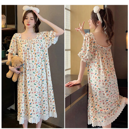 M-5XL Plus Size Sleep Dress for Women Sweet Summer Sleepwear Students Cute Print Nightgown Pajama Sleepshirt