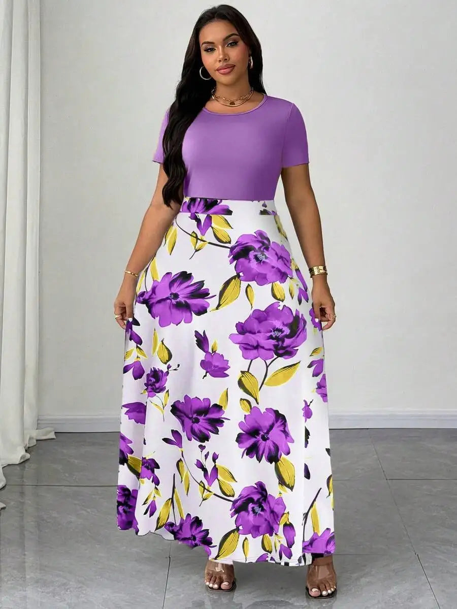 Plus Size Women Botanical Print Round Neck Short Sleeve Maxi Dress