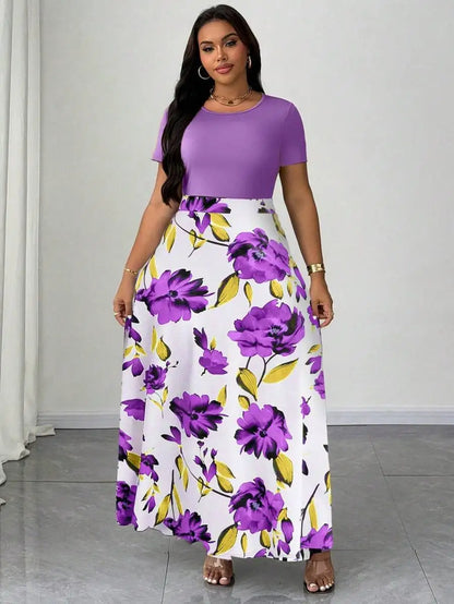 Plus Size Women Botanical Print Round Neck Short Sleeve Maxi Dress