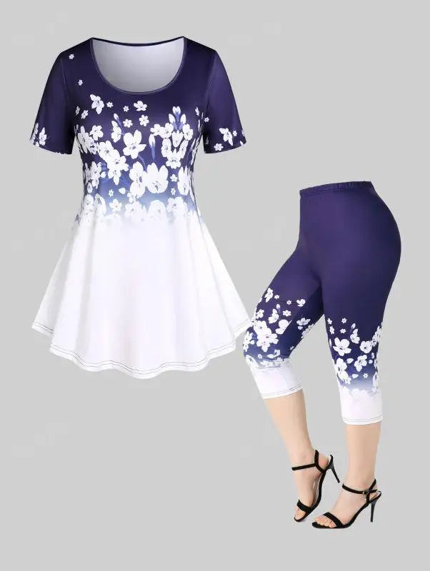 Plus Size 3D Print Tee and Capri Leggings Matching Set for Women Butterfly Floral Pattern Cloth