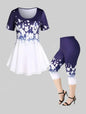 Plus Size 3D Print Tee and Capri Leggings Matching Set for Women Butterfly Floral Pattern Cloth
