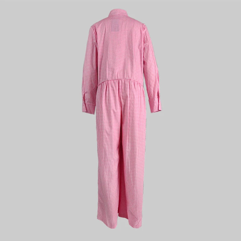Woman Fashion Plaid Pink One Pieces Jump Suits