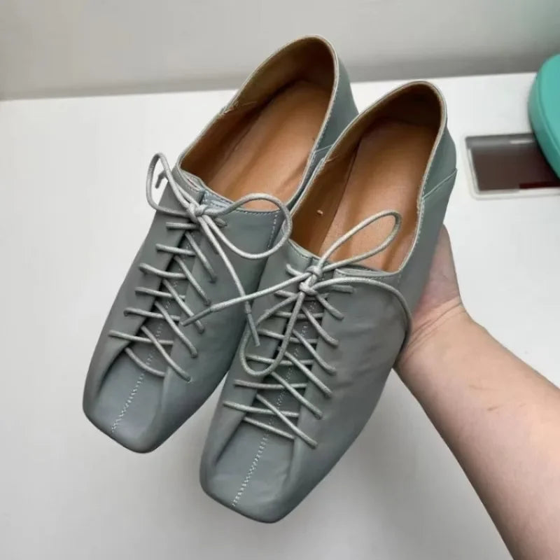 French Retro Pleated Cross Tie Flat Bottom Soft Leather Shoe  New Square Headed Strap Single Shoes