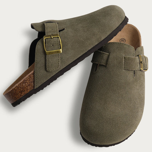 Women's Suede Mules Slippers Men Clogs Cork Insole Sandals With Arch Support