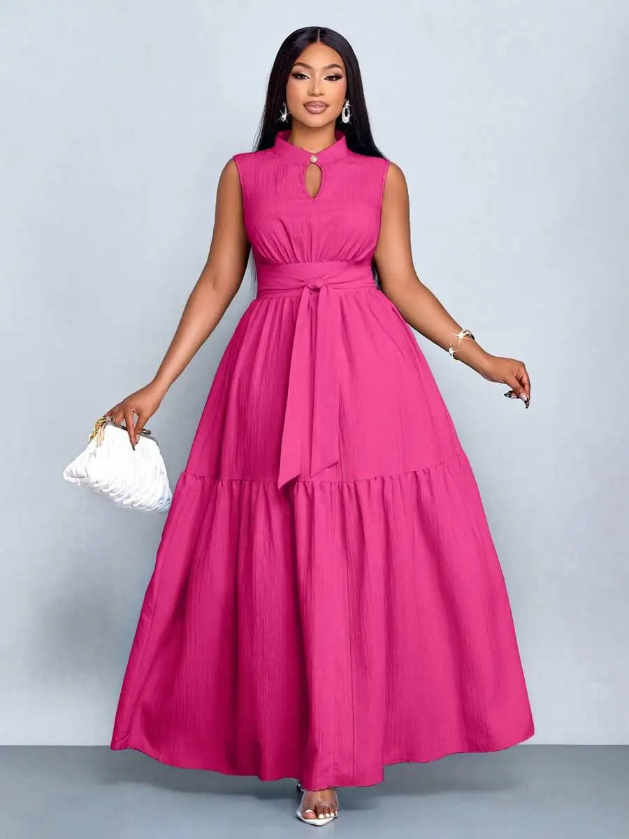 Plus Size Orange Stand Collar Sleeveless Cinched Waist Tiered Maxi Dress Casual Wear