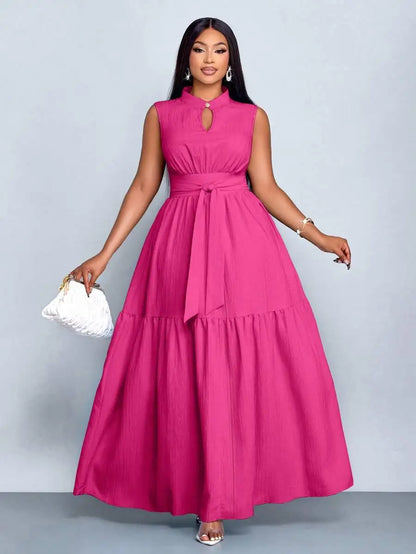 Plus Size Orange Stand Collar Sleeveless Cinched Waist Tiered Maxi Dress Casual Wear