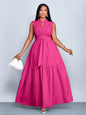Plus Size Orange Stand Collar Sleeveless Cinched Waist Tiered Maxi Dress Casual Wear