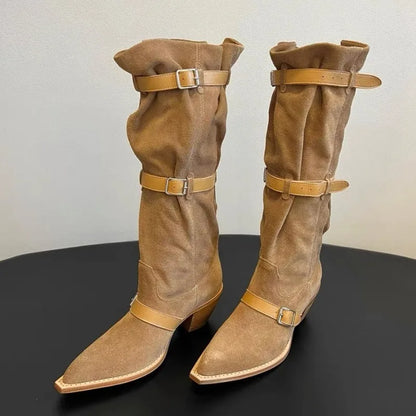 High Heels Long Boots Women Belt Buckle Pointed Toe