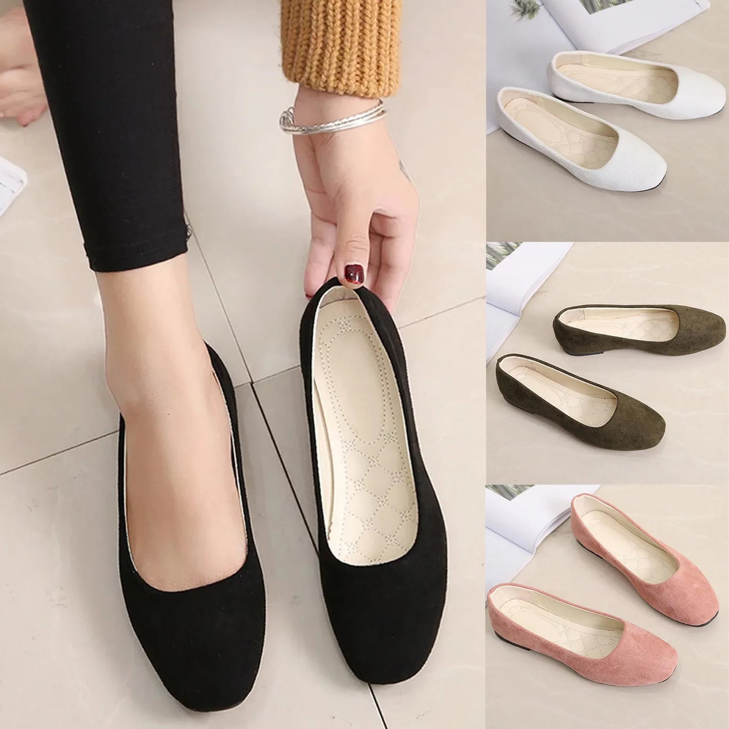 Women Suede Square Flat Heel Shallow Female Shoes Spring Summer  Basic Concise Women Shoes